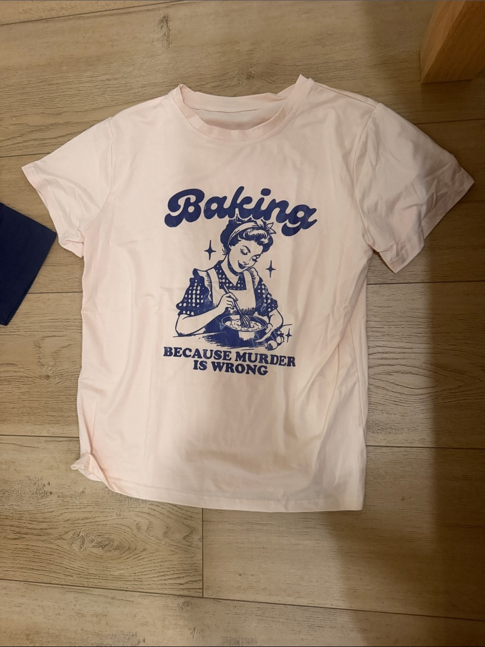Graphic 'Baking Because Murder Is Wrong' Tee - Off white with Navy Print